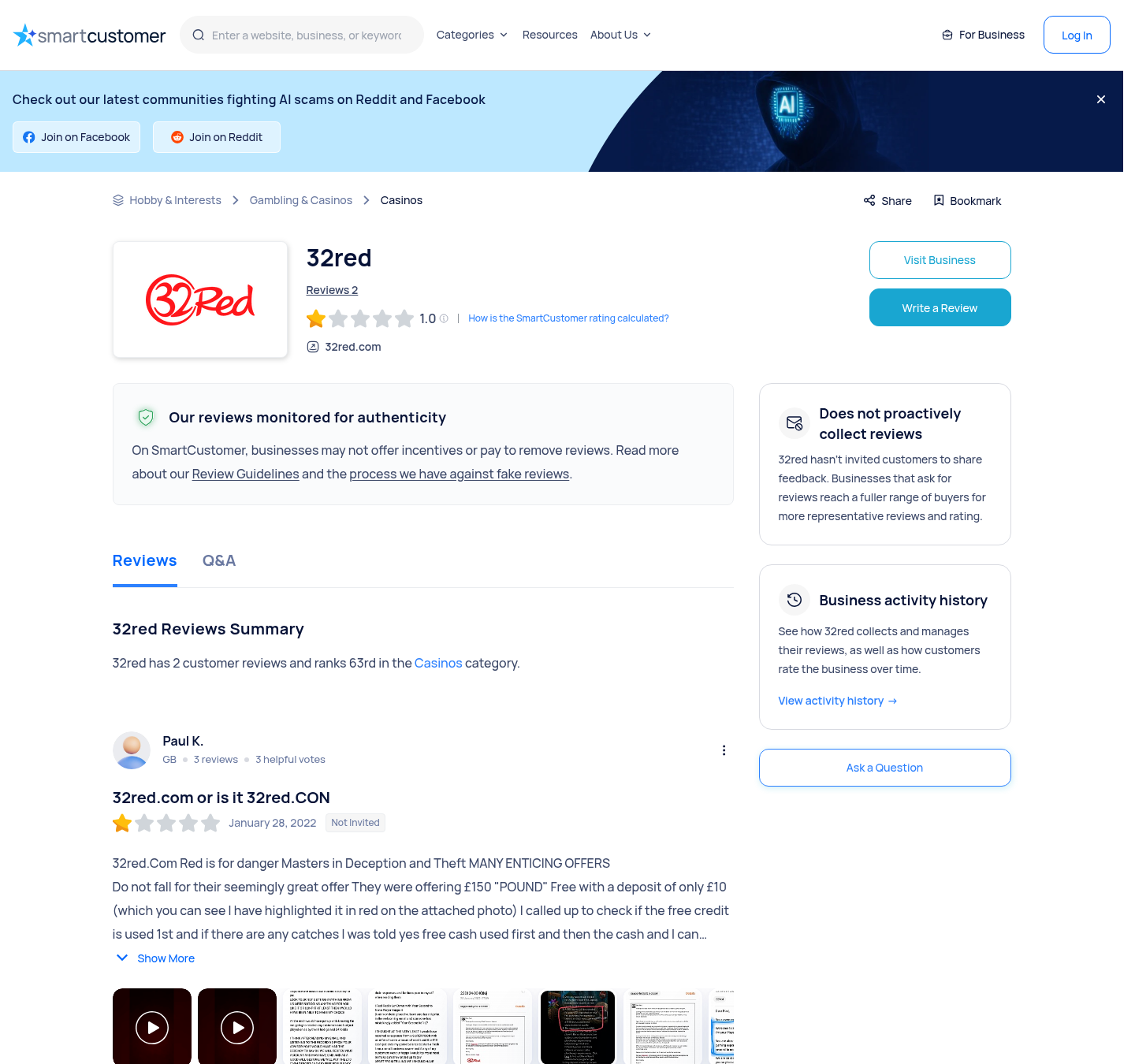 Dated independent review-platform context capture concerning 32Red