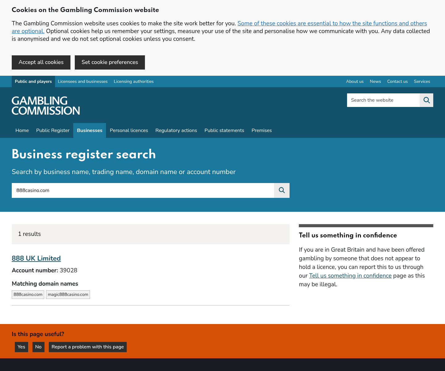 UK Gambling Commission register capture for 888casino.com