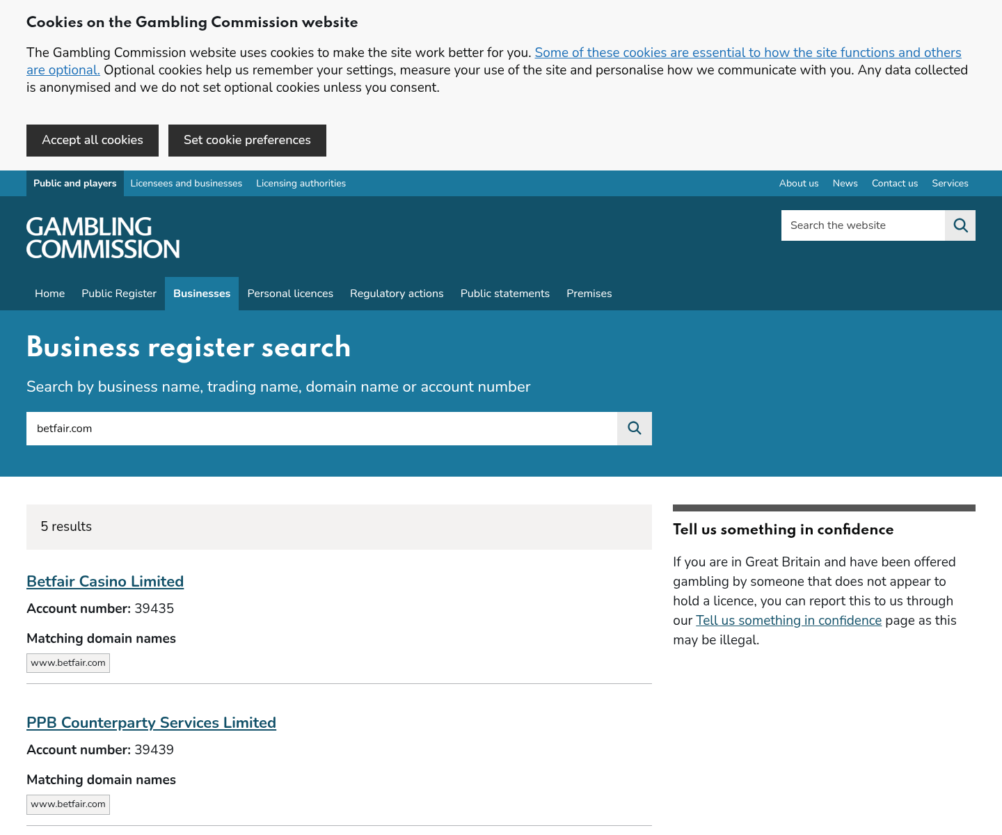 Gambling Commission public register search result listing the licensed company for the reviewed domain