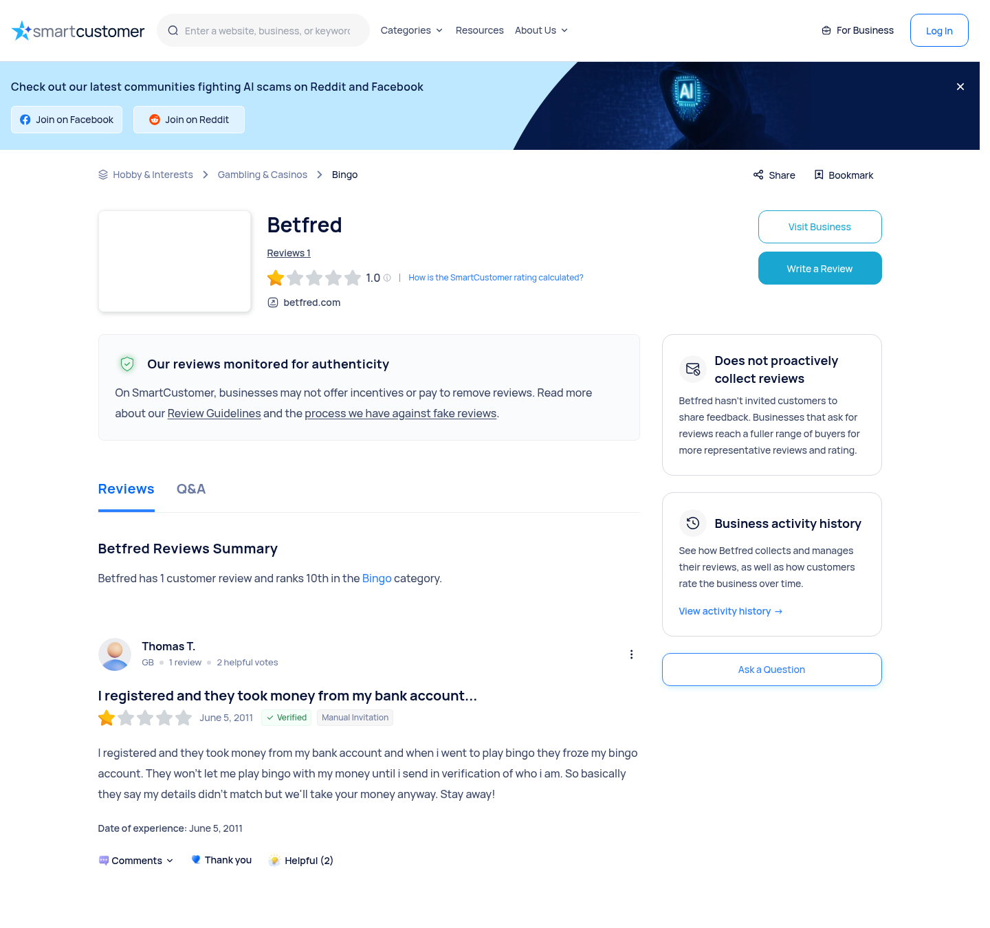 Dated independent review-platform context capture concerning Betfred