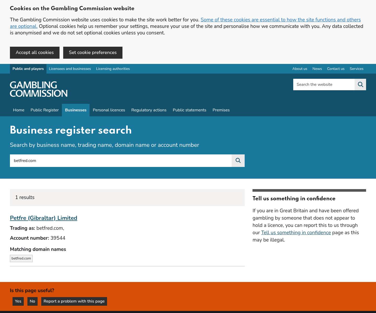Dated Gambling Commission register search capture for betfred.com