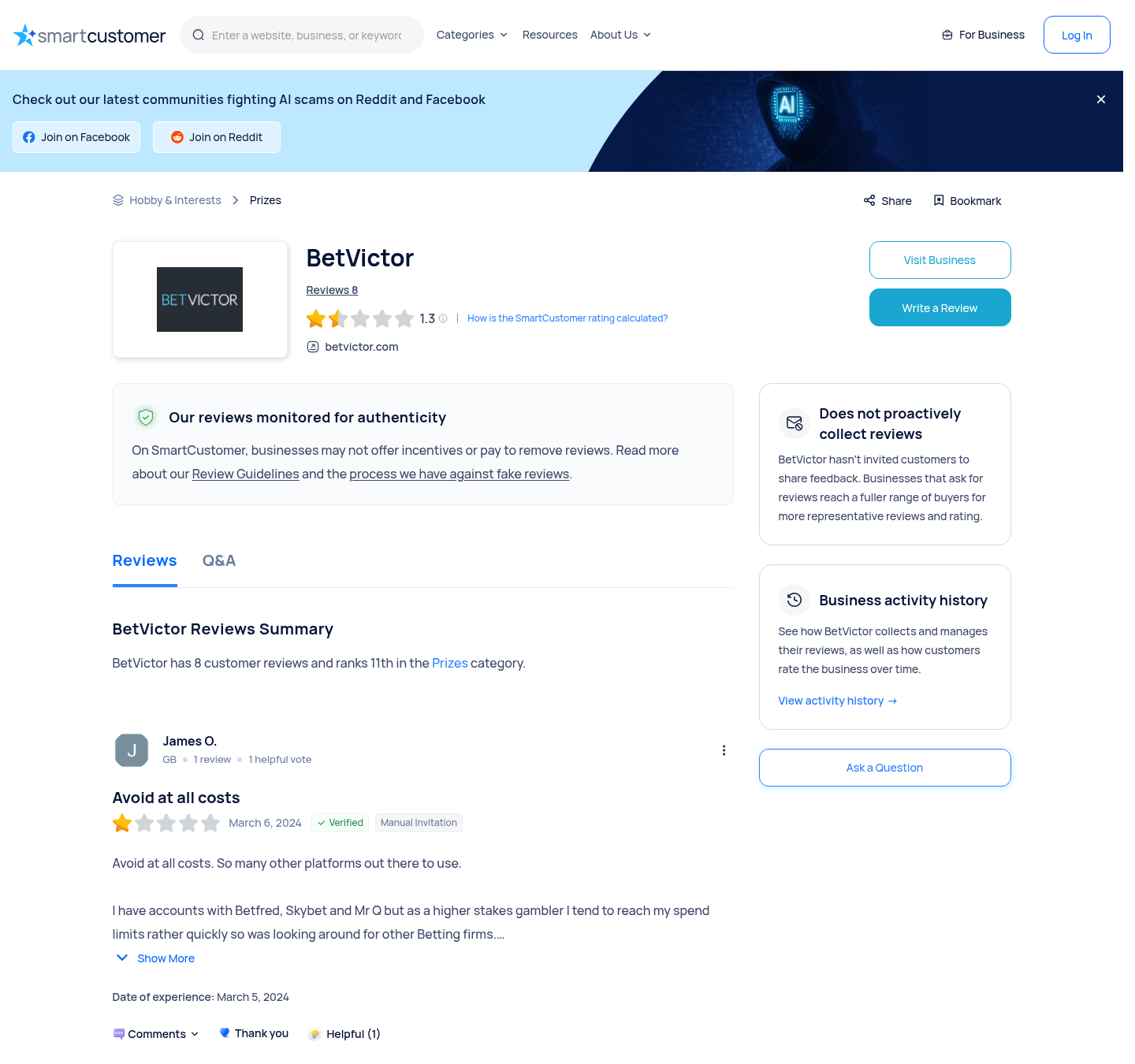 Dated independent review-platform context capture for BetVictor