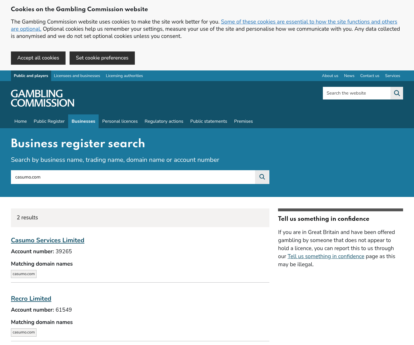 UK Gambling Commission register capture for casumo.com