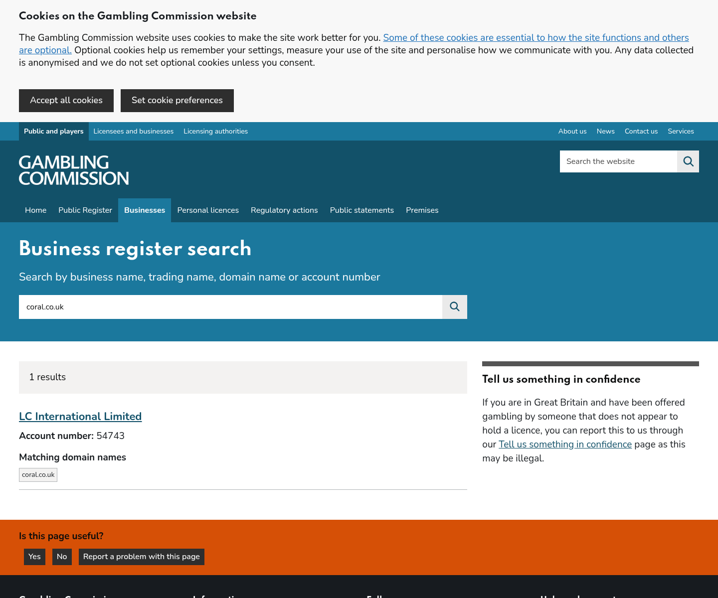 UKGC register search capture showing the host and operator match