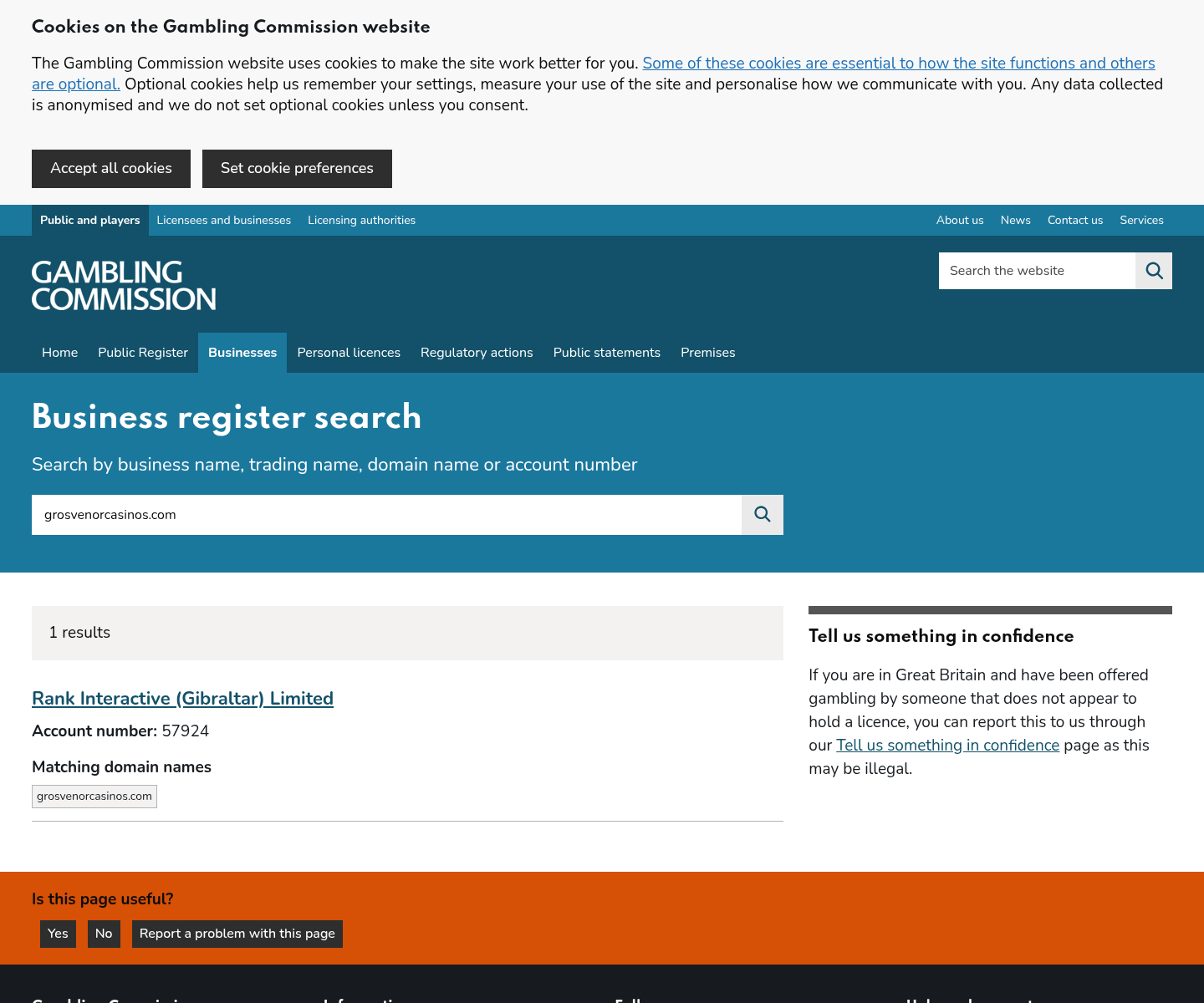 Supplied UK Gambling Commission search capture for grosvenorcasinos.com