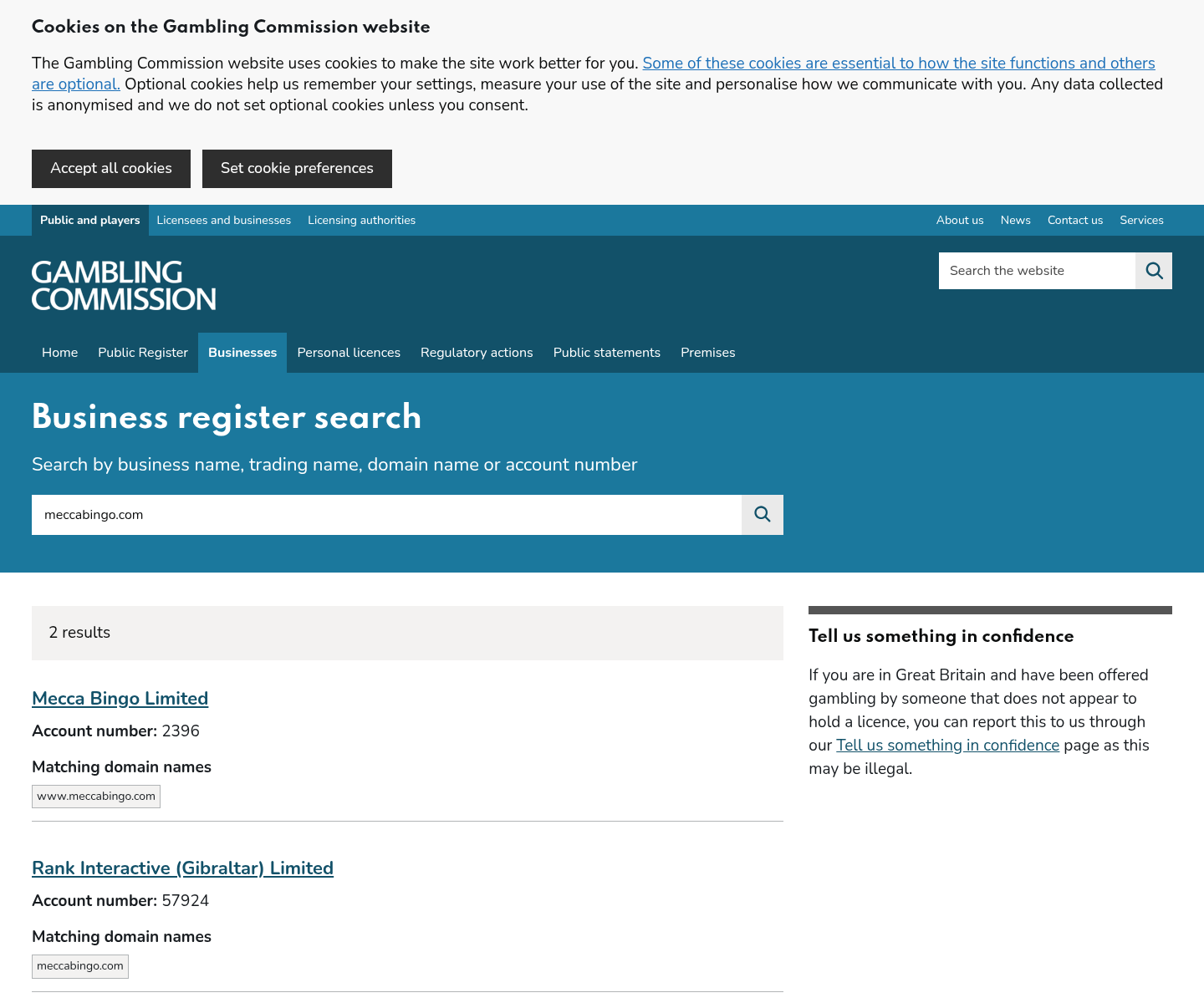 Dated UK Gambling Commission register capture for meccabingo.com