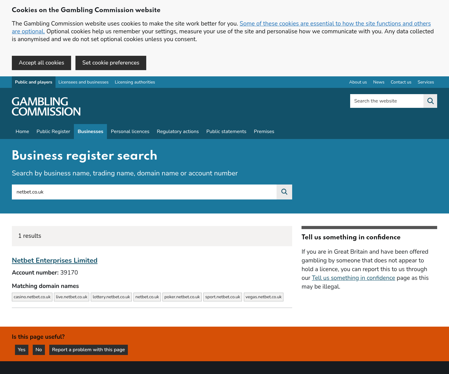 Dated UK Gambling Commission register capture for the NetBet UK host