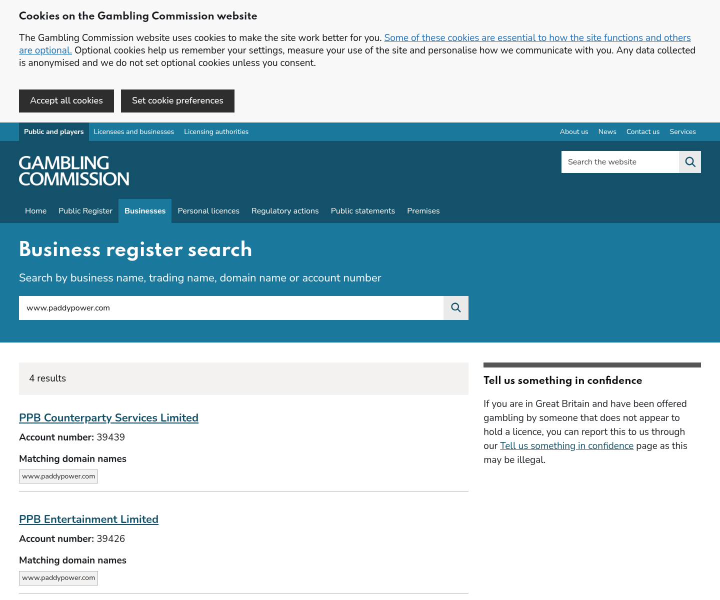 Capture of the dated UKGC search result connecting the exact host with PPB Entertainment Limited