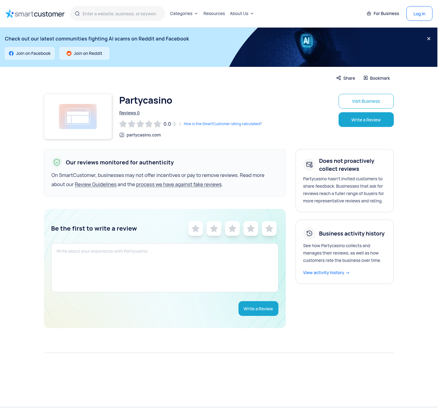 Independent review platform listing for partycasino.com checked on 20 August 2026