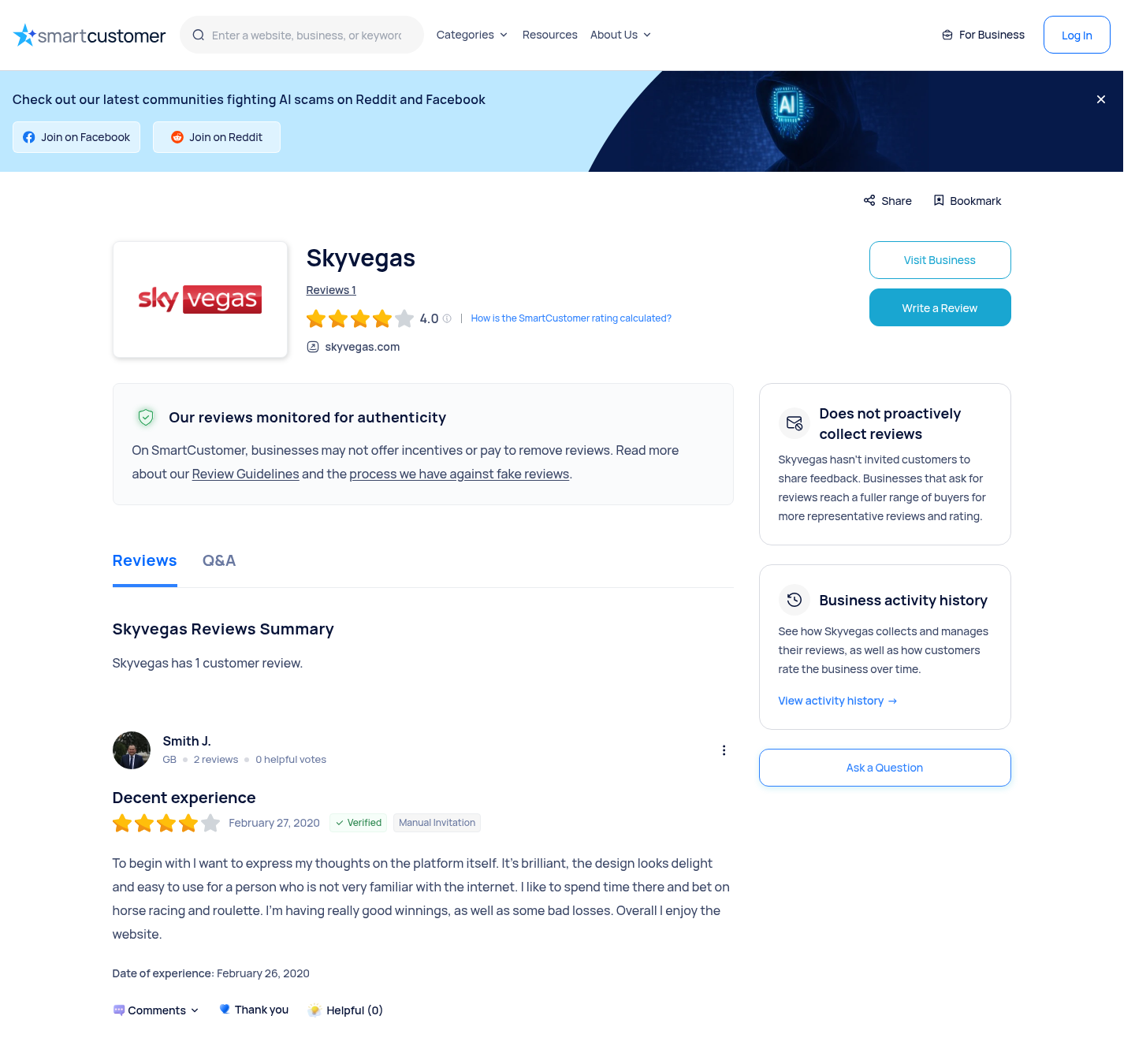 Independent review-platform page capture for Sky Vegas