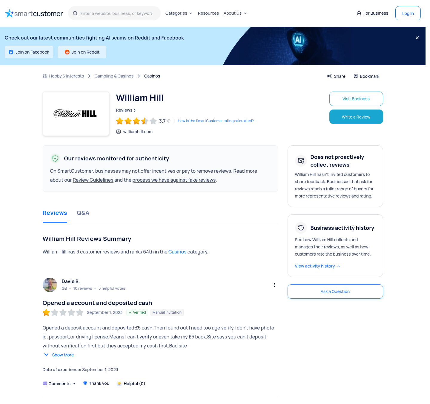 Dated independent review-platform context capture for William Hill