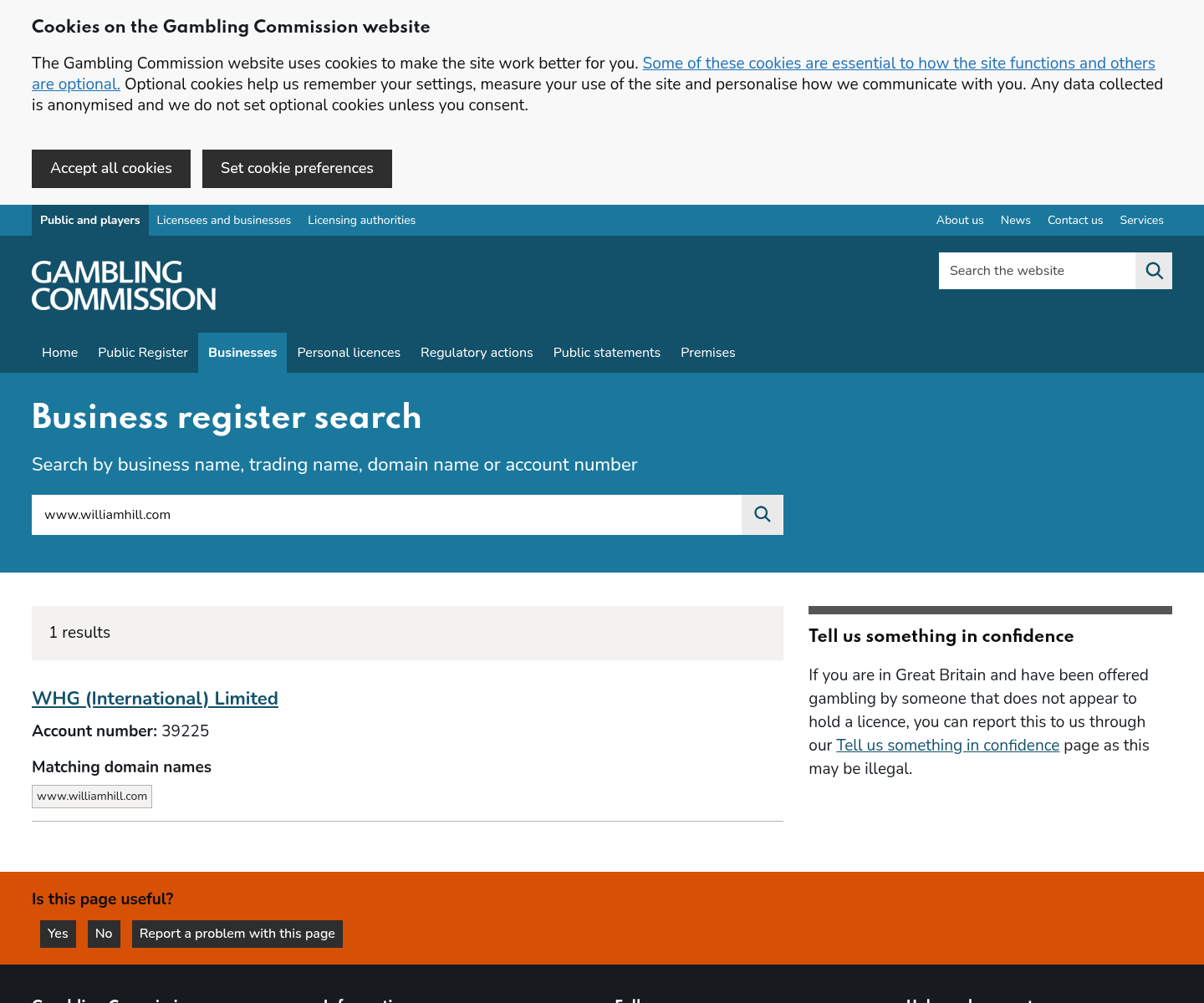 Dated UK Gambling Commission search capture for the William Hill host
